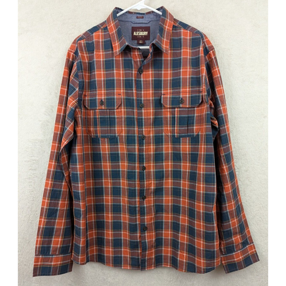 Alesbury sz L Orange Plaid Print Shirt buttons long sleeve top 8009